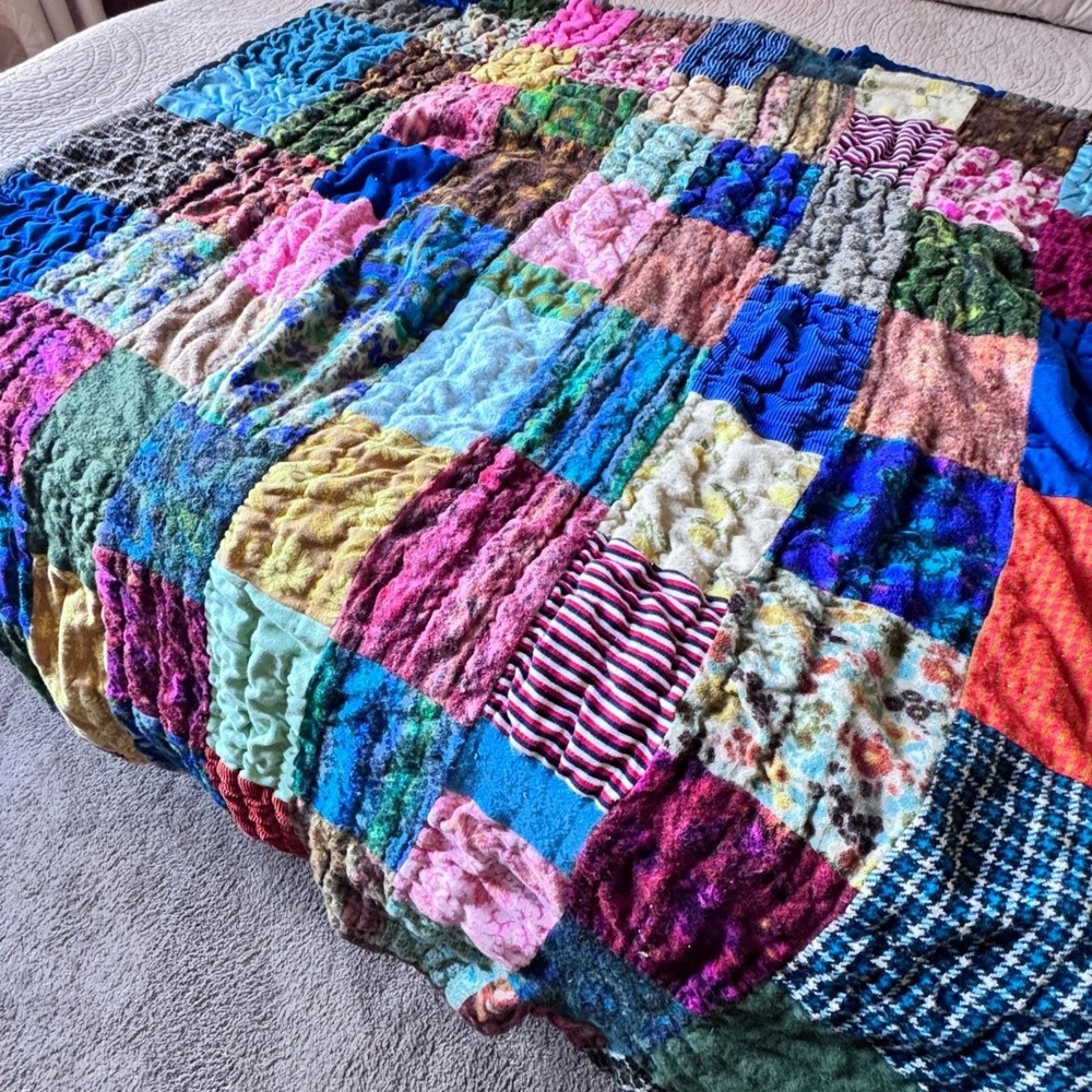 Patchwork Quilt Unique Vintage Handmade Blanket‎ Cozy Bohemian Eclectic Colorful - Picture 12 of 15